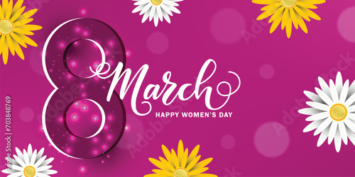8 March. Happy Women's day greeting card with decor of paper cut spring flowers
