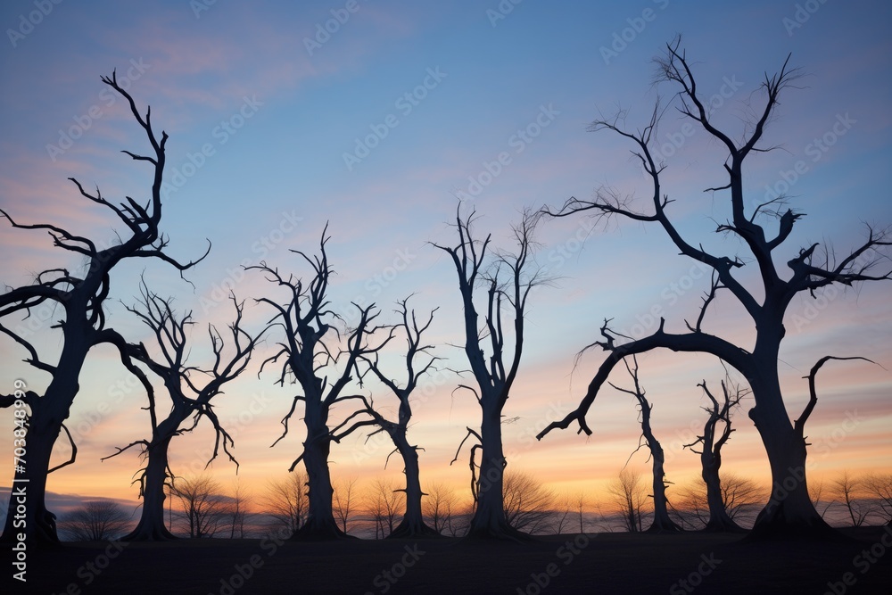 crooked tree silhouettes at deep twilight