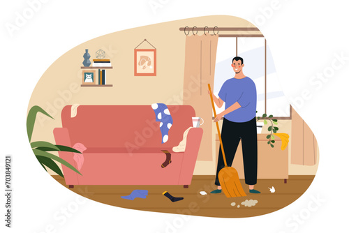 Cleaning floor at home concept. Man with broom in chaos indoor. Young guy with dust in apartment. Household chores and routine. Cartoon flat vector illustration isolated on white background