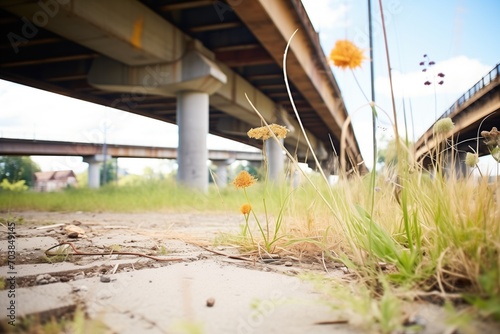 crumbling infrastructure overgrown with dry weeds