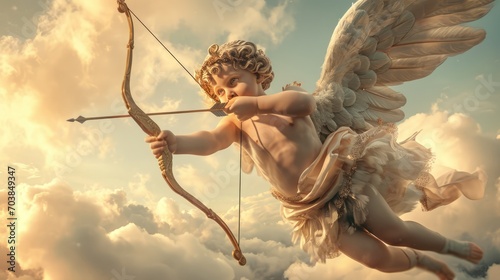 Aiming for Love: An image of Cupid holding a bow, taking aim, and shooting a heart arrow, symbolizing the pursuit of love on Valentine's Day, with hints of both passion and desperation.