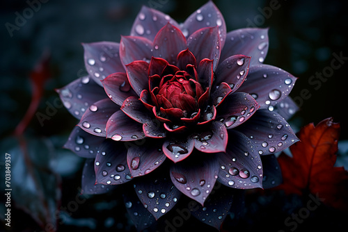 A dark pink flower with large droplets of dew on it. Generative AI