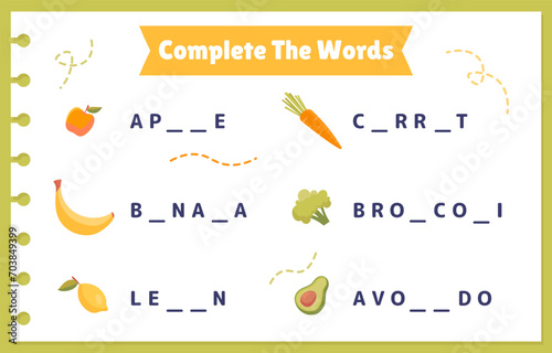 Complete Words vegetables. Puzzle and riddle for children. Educational material for kids. Apple, banana, broccoli, carrot and lemon. Training and learning. Cartoon flat vector illustration