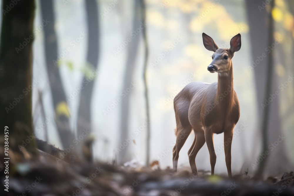 backlit duiker in a misty woodland setting backlit duiker in a misty woodland setting