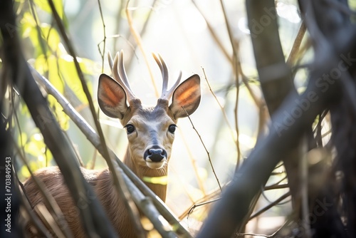 sunlight filtering onto a duiker through branches photo