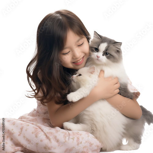 Asian girl carrying cat and dog