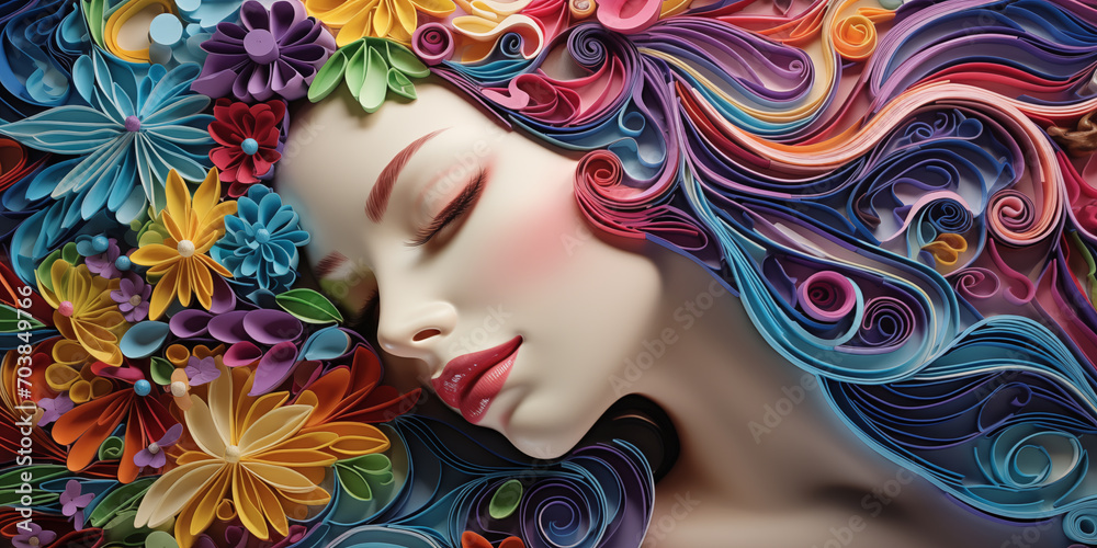 Paper quilling kirigami, stunning close-up portrait of a woman with flowers and colors swirling. Woman`s day Paper quilling kirigami, stunning close-up portrait of a woman with flowers and colors swirling. Woman`s day