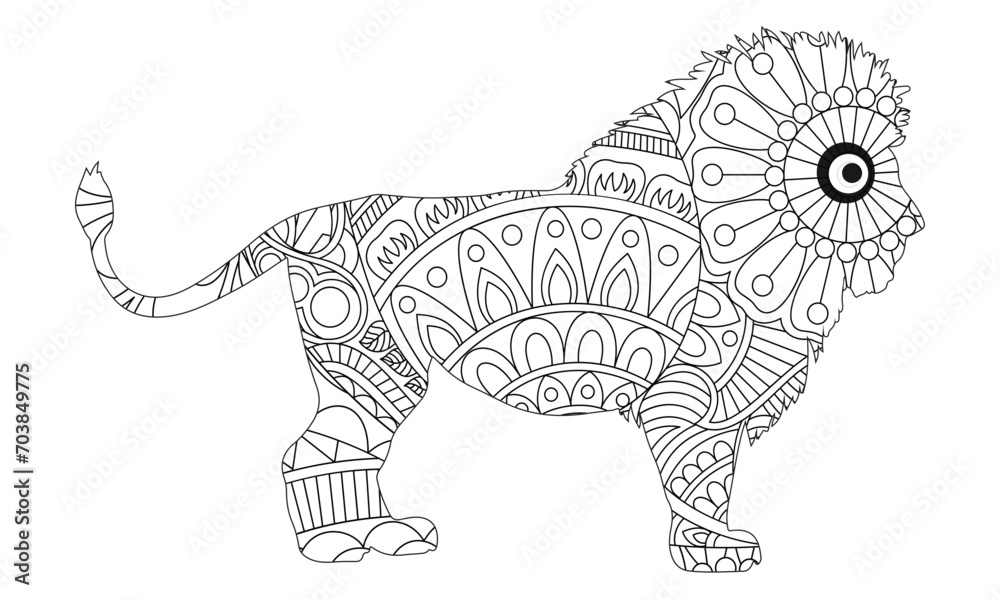 Naklejka premium Zentangle stylized cartoon lion (wild cat, leo zodiac). Hand drawn sketch for adult antistress coloring page, T-shirt emblem, logo or tattoo with doodle, zentangle, floral design elements.