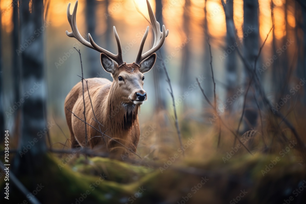 elk in forest clearing during golden hour - obrazy, fototapety, plakaty 