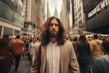Jesus in modern city with people 