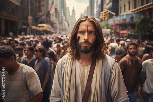 Jesus in modern city with people  photo