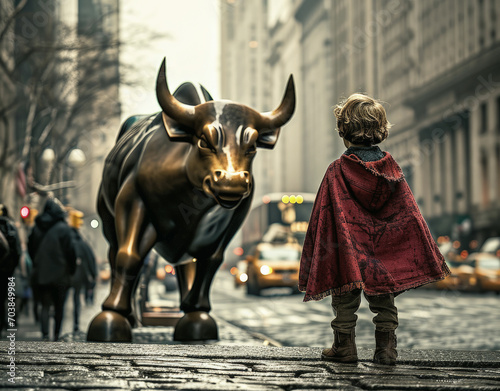 Little Superhero Faces Wall Street Bull at Sunrise