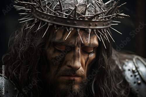 Jesus countenance is solemn, his crown filled with sharp thorns