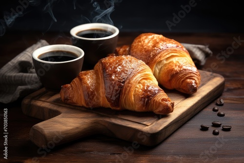 Two cups of espresso coffee and croissants for breakfast on dark wooden background. Hot drink. Lazy mourning concept. Coffee shop, cafe, menu. Banner or card with copy space