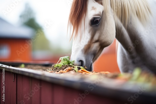 horse munching carrots from trough photo