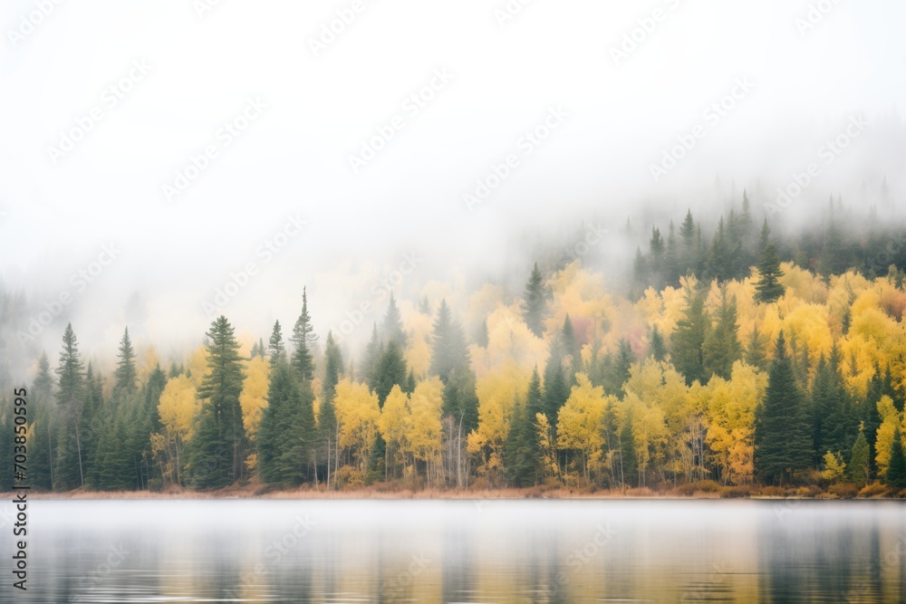 dense fog enveloping forest around lake edge dense fog enveloping forest around lake edge