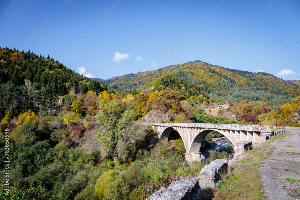 Scenic View of a Tall Bridge Crossing a River in the Mountain Range
