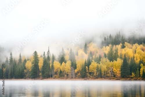 dense fog enveloping forest around lake edge