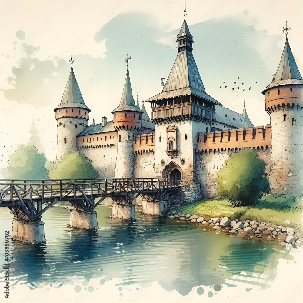 castle on the river watercolor style illustration AI