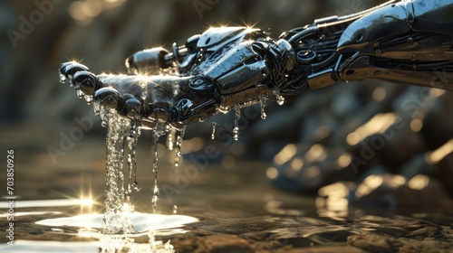 close-up of a robot hand scooping water into its palm from a river or stream flow