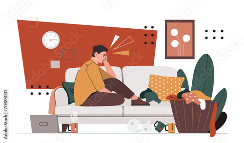 Depressed man at home. Sad young guy at couch sitting with basket of clothes. Mental disorder and psychological problems. Frustration and depression. Cartoon flat vector illustration
