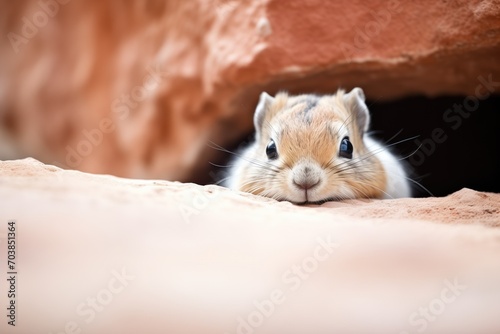 gerbil peeking through a hole in a rock slab