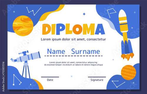 Diploma in astrological style. Award for students after education. Graduation and learning. Certificate for students and schoolers. Cosmos, galaxy and universe. Cartoon flat vector illustration