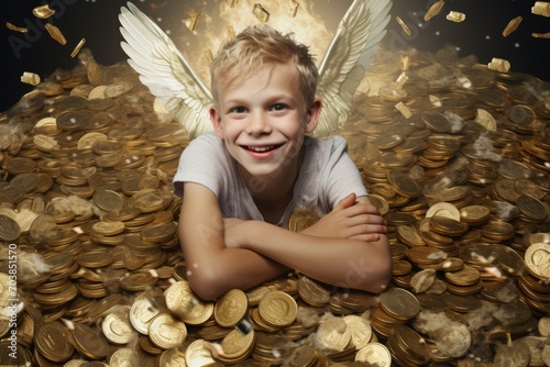 Capitalistic Cupid: A satirical critique portraying Cupid surrounded by coins, humorously commenting on the capitalism and materialism fueling toxic relationships on Valentine's Day.

 photo