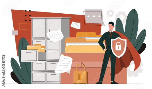 Document archiving storage concept. Man in hero cape with shield near folder with files. Personal data security and protection. Cartoon flat vector illustration isolated on white background