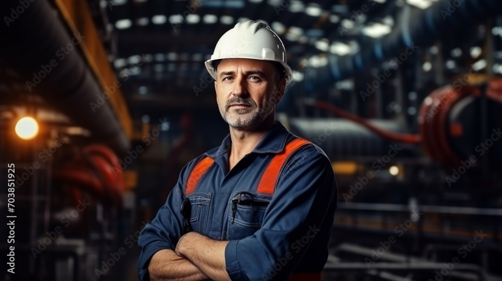 Maintenance engineer man wearing uniform and safety hard hat on factory station. construction Industry and Engineer concept.