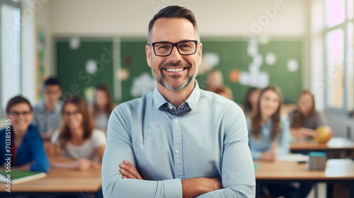 Smiling male teacher in a class and students on background