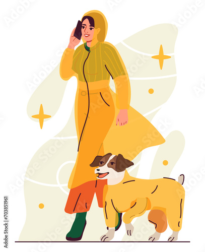 Woman with dog in rain. Young girl in yellow raincoat walk at street with pet. Owner and domestic animal in city park in rainy weather. Fall and autumn season. Cartoon flat vector illustration