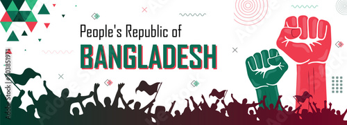 People cheer for Bangladesh, nation flag color combination patriot banner, geometric abstract background, raised fist, human hand, national celebration, strike, parade, riot, protest or rally