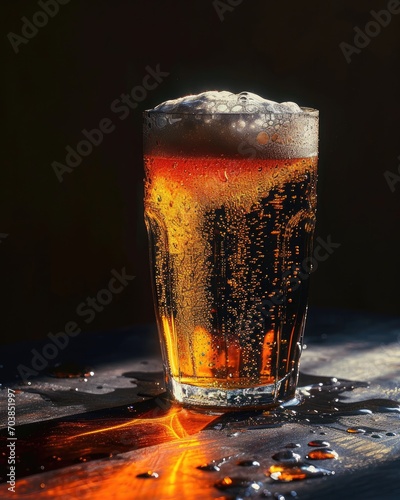 A beer glass with a lot of foamed up froth on a dark backdrop.
