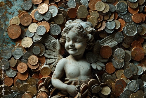 Capitalistic Cupid: A satirical critique portraying Cupid surrounded by coins, humorously commenting on the capitalism and materialism fueling toxic relationships on Valentine's Day.

 photo