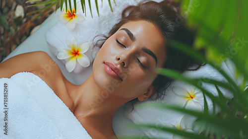 smiling woman lying on her back on white towel, relaxing and resting in a spa, her eyes closed