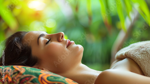 smiling woman lying on her back on white towel, relaxing and resting in an exotic place, her eyes closed photo