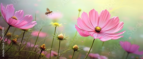 Beautiful pink flower Cosmos bipinnatus and butterfly on natural green-yellow background © kashif 2158