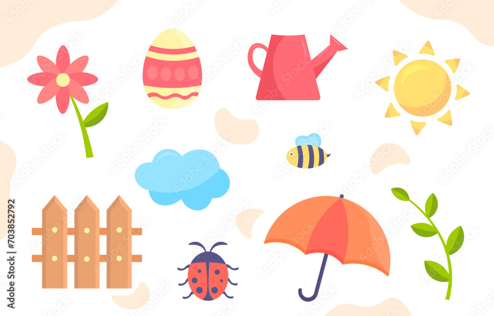 Spring elements set. Red watering can and umbrella. Bee and ladybug, pink flower and sun. Gardening and horticulture, agriculture. Cartoon flat vector collection isolated on white background