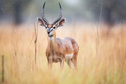 rain-soaked impala shaking off water in wet grass