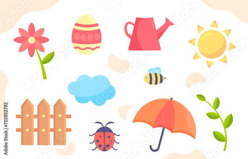 Spring elements set. Red watering can and umbrella. Bee and ladybug, pink flower and sun. Gardening and horticulture, agriculture. Cartoon flat vector collection isolated on white background