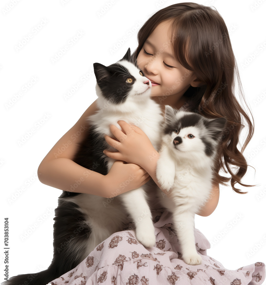 Asian girl carrying cat and dog