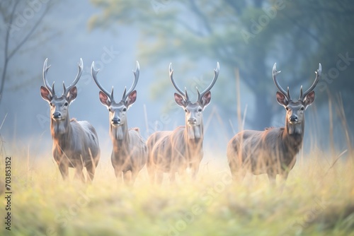 group of kudus in misty morning light
