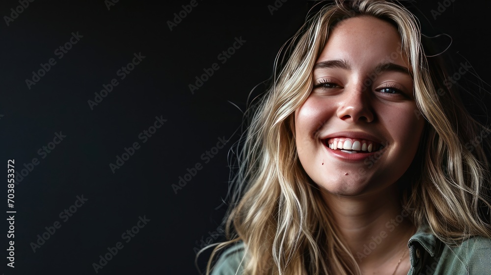 Smiling young blond lady on black background Smiling young blond lady on black background