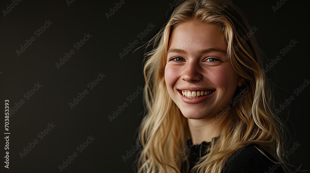 Fototapeta premium Smiling young blond lady on black background