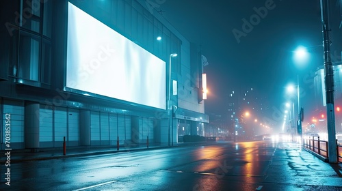 Empty billboard on the street in the foggy night  night city
