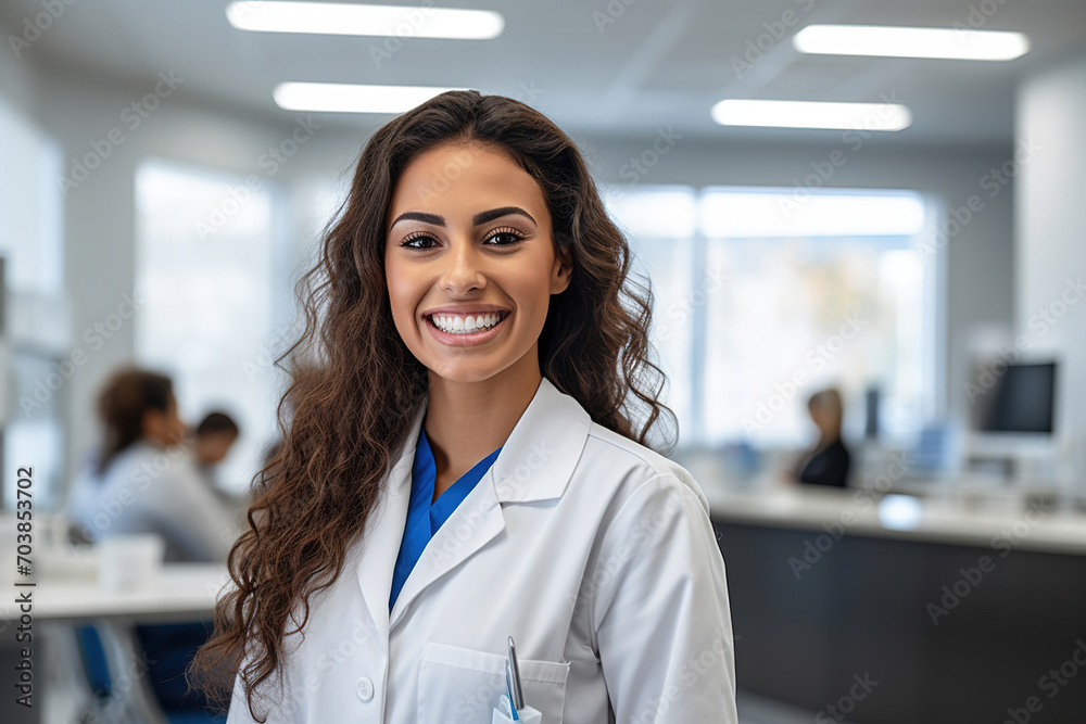 A woman in a white lab coat in a hospital A woman in a white lab coat in a hospital