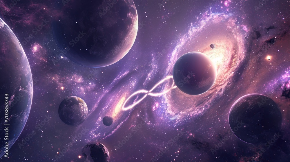 Naklejka premium infinity sign in the galaxy and planets. purple tones, banner, poster