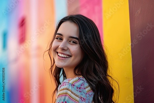 Banner with smiling young brunette woman on colorful background