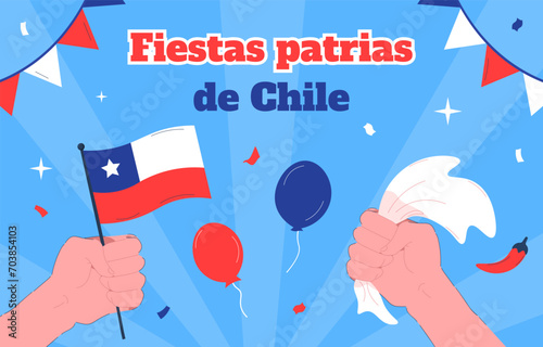 Fiestas patrias de Chile. Traditional holiday and festival. Independence and freedom, patriotism. Hand with flag of Chile and colorful air balloons. Cartoon flat vector illustration